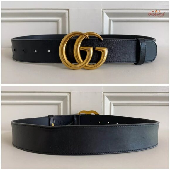 Authentic Gucci Black Smooth Calfskin Leather Gold Double G Buckle Belt 75/30